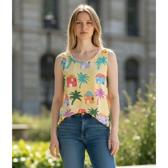 Jams World Tank Top Resort Tropical Rayon Curved Hi-Lo Hem Women's W690 | L EUC - Picture 1 of 9